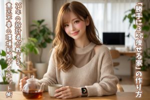 未来的な光が差し込むリビングで、Apple Watch Series 10を身に着け、優しく微笑むロングヘアの女性（あいみ）。「勝手に痩せる家」を象徴する、清潔感と温もりのある空間。