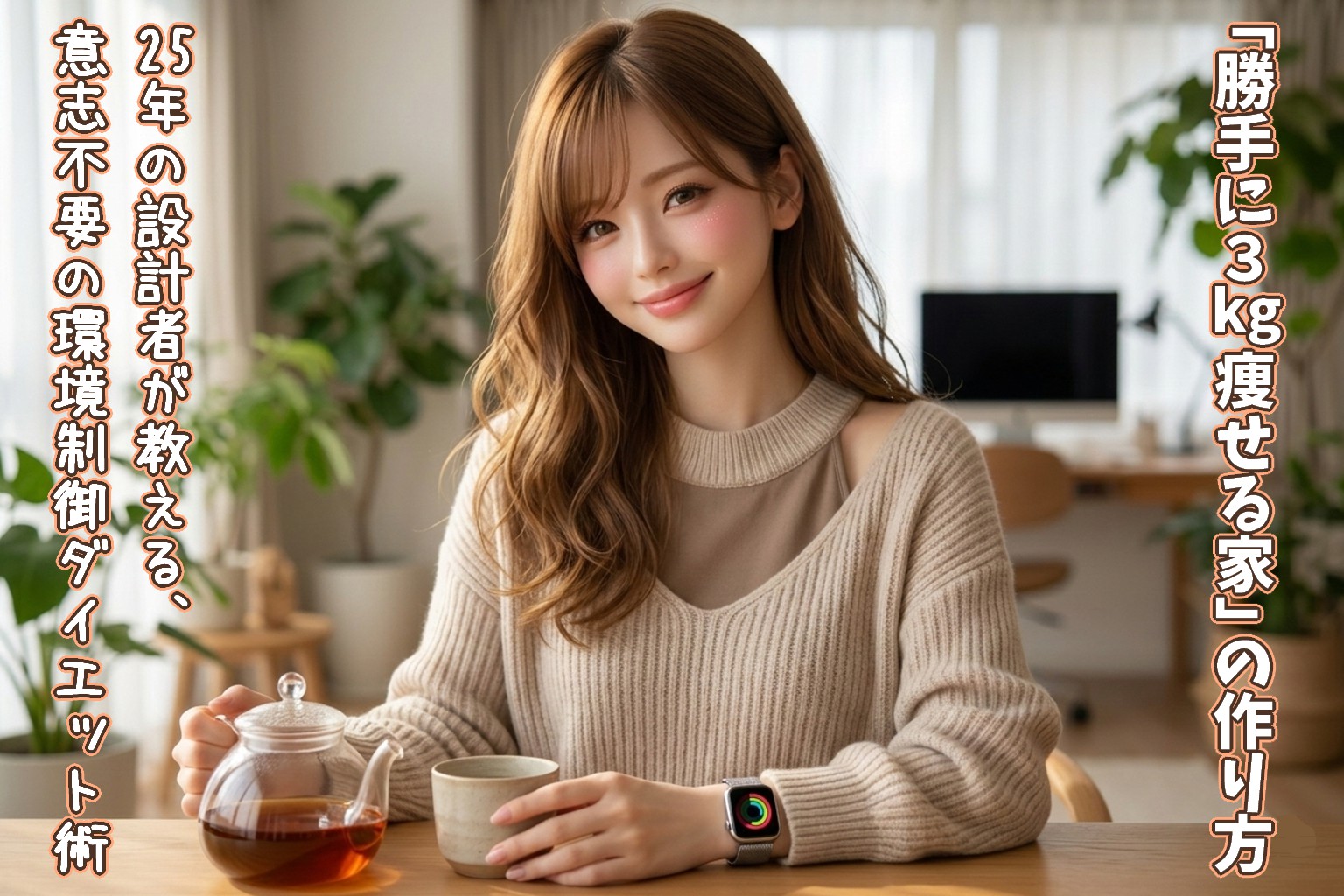 未来的な光が差し込むリビングで、Apple Watch Series 10を身に着け、優しく微笑むロングヘアの女性（あいみ）。「勝手に痩せる家」を象徴する、清潔感と温もりのある空間。