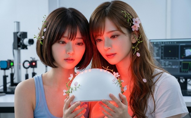 光学設計のラボで、カレントボディのLEDデバイスを宝物のように見つめる二人。機能美と赤色LEDの輝きが、最新テクノロジーへの信頼感と未来への期待を感じさせる。