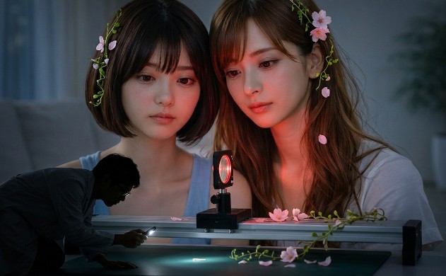 暗いクリーンルームで、小さな光学部品を探す技術者(誠)を心配そうに見守るあいみと美羽。1nmの精度を追求するエンジニアの誠実さと、それを支える二人の絆。