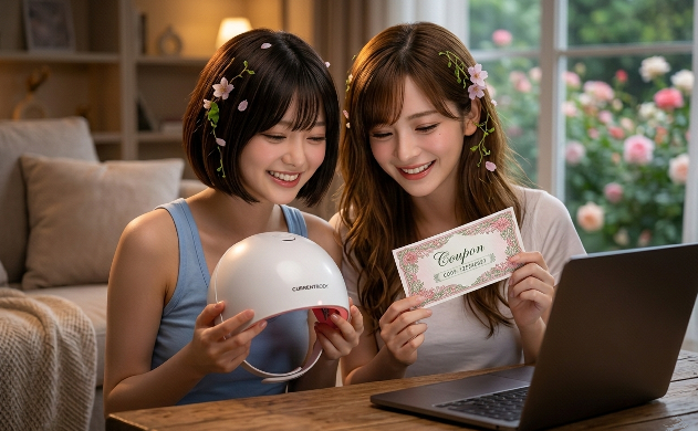 自宅のテーブルで、ノートPCの画面を見ながら喜ぶ二人。カレントボディ公式サイトで10%OFFクーポンを適用し、賢く美しさを手に入れられる安心感を表現。