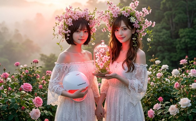 朝日の昇る丘の上で、カレントボディのデバイスを手に自信に満ちた表情で未来を見つめるあいみと美羽。光美容によって自分をもっと好きになれた喜びと祝福。