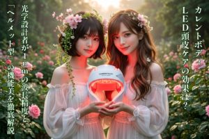 カレントボディLED頭皮ケアデバイスを手に持ち、バラ園で微笑む女神のようなあいみと美羽。花の冠と白いドレスを纏い、光り輝く豊かな髪が健康的な美しさを象徴している。