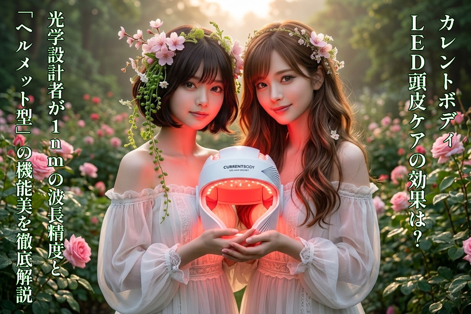 カレントボディLED頭皮ケアデバイスを手に持ち、バラ園で微笑む女神のようなあいみと美羽。花の冠と白いドレスを纏い、光り輝く豊かな髪が健康的な美しさを象徴している。