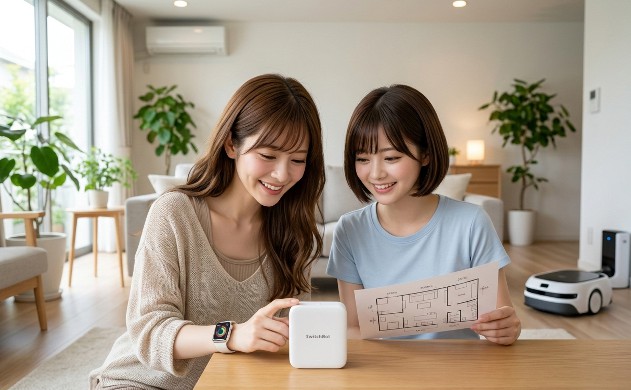 明るいリビングのテーブルで、SwitchBotの温湿度計を見つめながら、部屋の平面図を広げて楽しそうに家具の配置（SLAM）を相談する、あいみとショートボブの女性（美羽）。