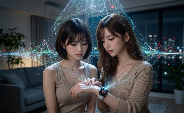 夜の静かなリビングで、あいみが美羽のApple Watchに手を添え、心拍センシングとdToFの光パルスが空間に広がる「環境ノイズ」を可視化している、幻想的で精密なシーン。