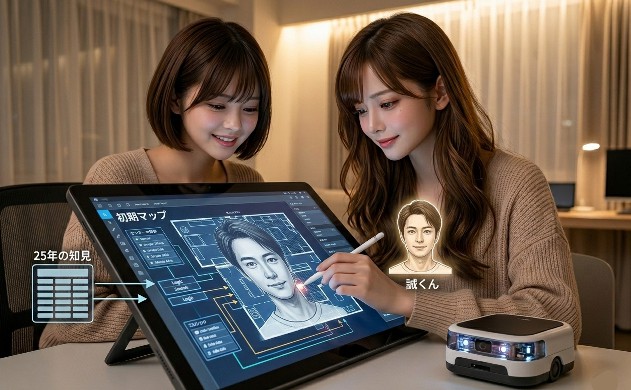 液晶タブレットに表示された部屋のマップと、誠くんの笑顔のアイコンを見つめるあいみと美羽。手前には最新のAMR（自律走行ロボ）が置かれ、設計者の知見を学習している様子。