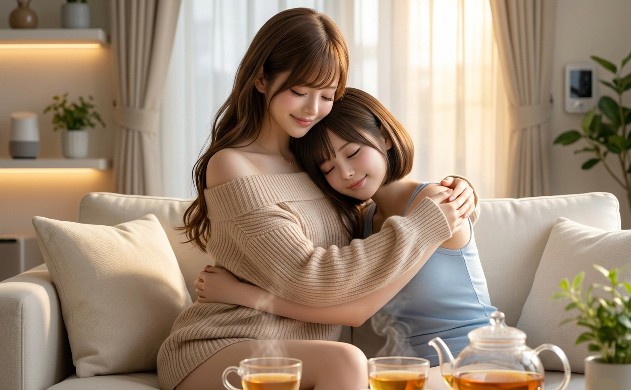 癒しの動線が設計された室内で、あいみの肩に美羽が頭を預け、共に誠くんの設計した「ドック」の心地よさに浸りながら、静かにハーブティーを楽しむエモーショナルな構図。