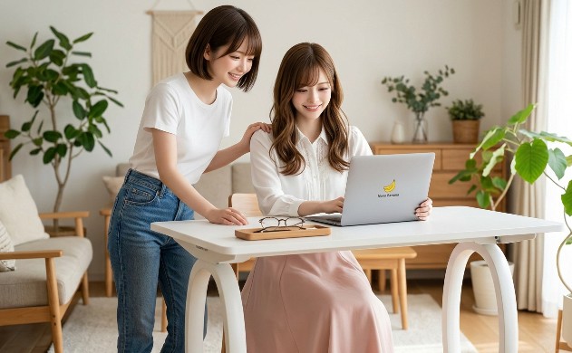 朝の柔らかな光が差し込むリビングで、FlexiSpotのデスクを囲みノートPCで設計図を確認するあいみと美羽。家を「美しさの基地」へリプレイスする楽しさを表現した寄り添いシーン。