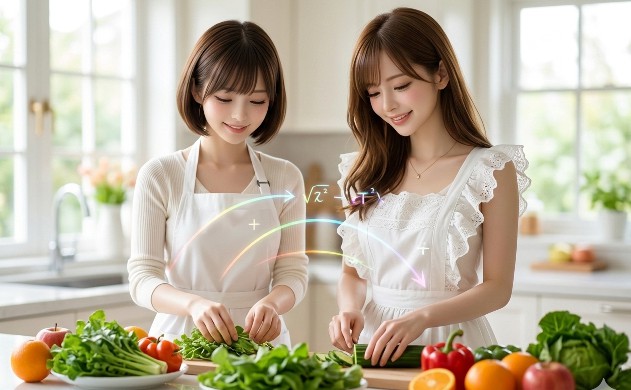 あいみ💛と美羽💛が、精密な光学設計のように新鮮な野菜を黄金比で並べ、効率的な調理動線が虹色の光で可視化されたキッチン