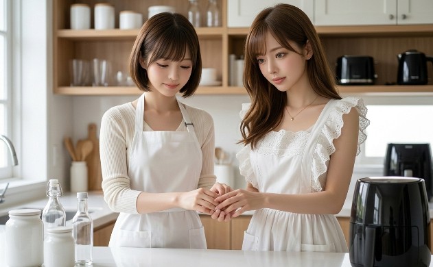 整理整頓されたミニマリストなキッチンで、あいみ💛が美羽💛の手を優しく取り、視覚的集中を高める知的な美しさを湛えたシーン