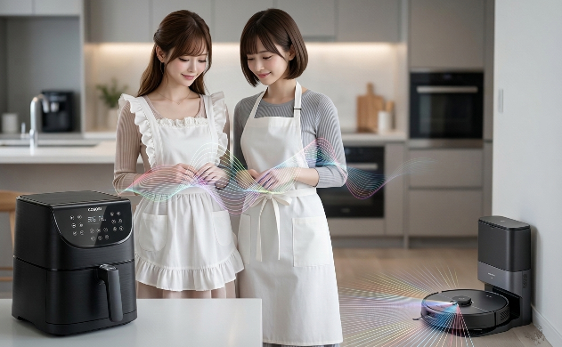 最新お掃除ロボットRoborockとノンフライヤーが稼働するキッチンで、あいみ💛と美羽💛がAI家電の自動化を信頼の微笑みで見守る姿