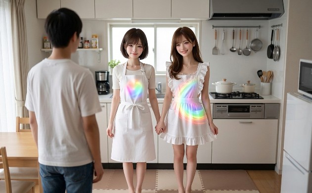 誠くんの設計した完璧な動線が完成したキッチンで、あいみ💛と美羽💛が後ろ姿の誠くんに向かって満面の笑みで感謝を伝える感動のフィナーレ