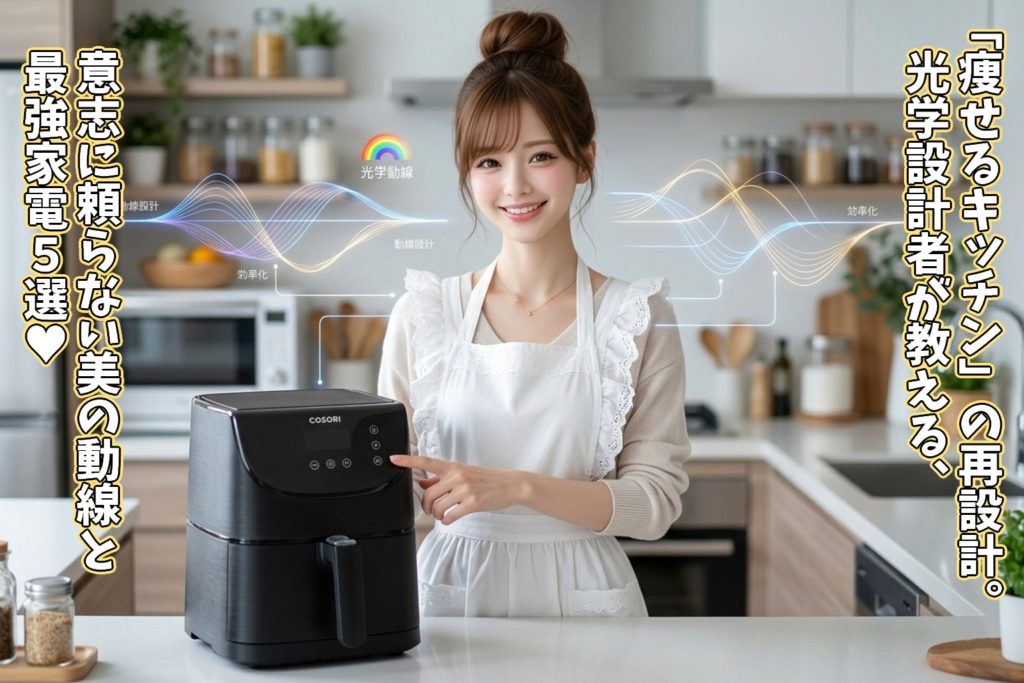 白いフリルエプロン姿のあいみ💛が、光り輝くキッチンで最新家電に触れ、虹色の動線ホログラムが美しく舞う「痩せるキッチン」の象徴的シーン