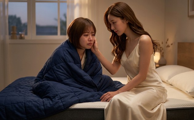 夕暮れ時の寝室で、ハグラビのブランケットに包まり落ち込む女性(美羽)の頬を、優しく撫でて励ます女性(あいみ)の寄り添いのシーン。