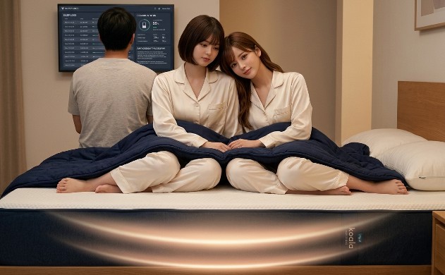 非接触センサーの光が浮かび上がるコアラマットレスの上で、リラックスしてデータ同期を行う二人の女性と、その後ろで見守るエンジニア(誠)の背中。