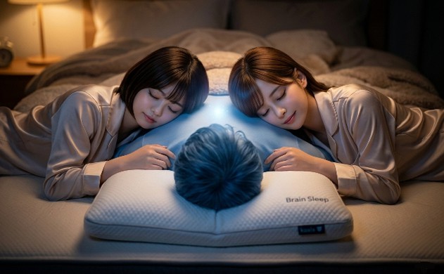 暗い寝室でブレインスリープピローを使い脳を冷却しながら眠る男性(誠)と、その傍らで寄り添い、閃きの光(1nmの閃き)が灯る幻想的な光景。