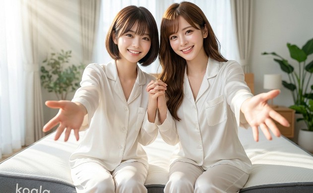 朝の光が差し込む寝室で、コアラマットレスの上に座り、リフレッシュした笑顔で読者に手を差し伸べる、輝くような素肌の二人の女性。
