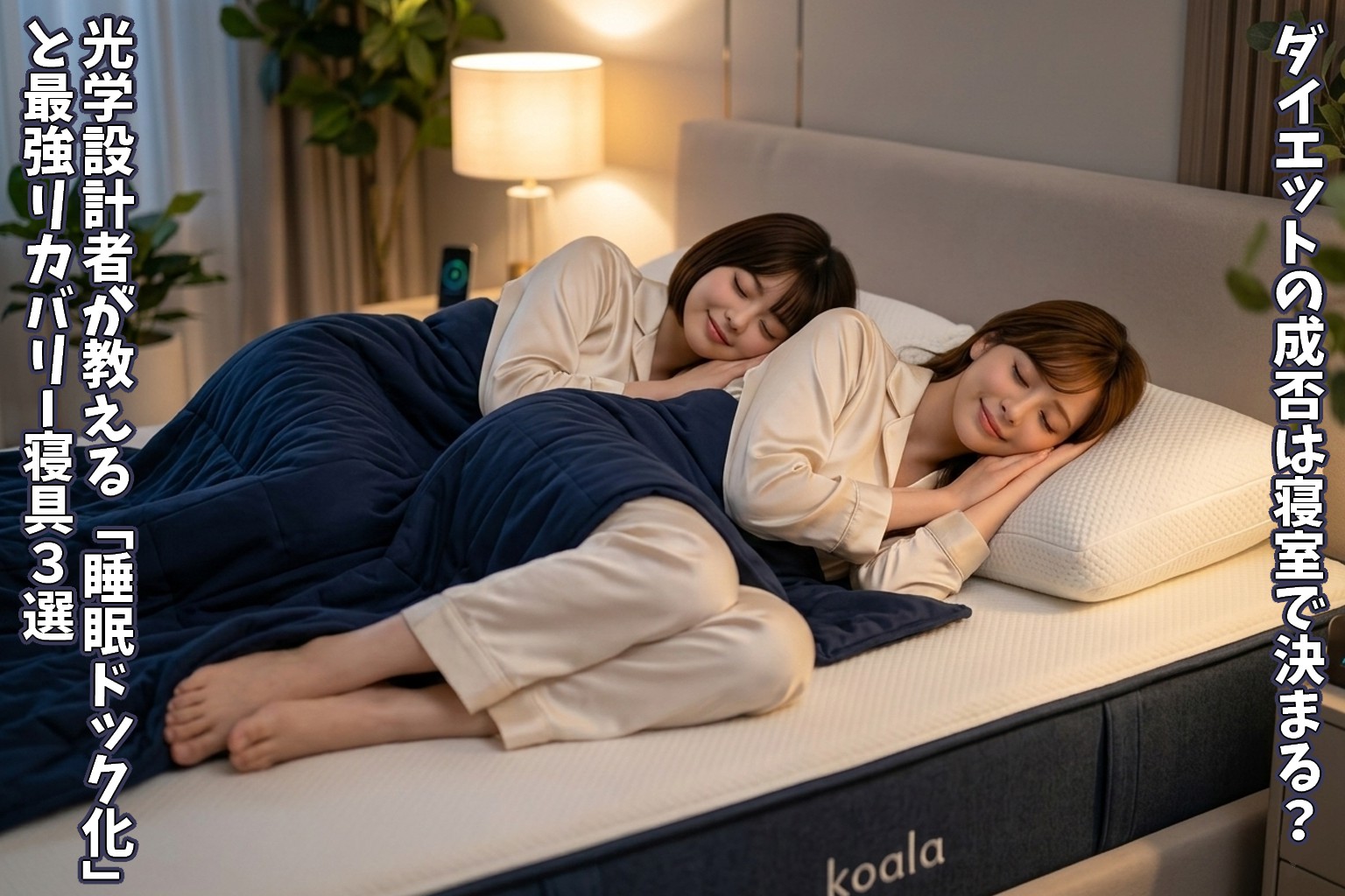 コアラマットレスとブレインスリープピローで心地よく眠る、シルクパジャマ姿の二人の女性エンジニア（あいみと美羽）。高級感のある寝室での理想的な睡眠風景。