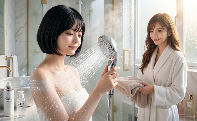 ゴールドのアクセントが効いたスタイリッシュなシャワーブース内の、ReFa FINE BUBBLE Uシャワーヘッドに焦点を当てたマクロ風写真。美羽💛(ボブヘア)がシャワーヘッドを優しく持ち、強力で安全な「ジェット」ストリームモードを起動させている。ブース内には、 невероятно濃密で微細な気泡が霧となって充満し、空気中を洗う繊細で微細な「データクリーニング」パルスとして視覚化されている。美羽💛の顔には、肌が完全にメンテナンスされたことを示す、安らぎと満足感に満ちた柔らかな微笑みが浮かんでいる。シャワーブースの外では、あいにゃん💛がバスローブ姿でタオルを差し出し、安心させるような笑顔で見守っている。強烈な窓の光が微細な水霧と混ざり合い、キラキラと輝く効果を生み出している。高画質高精細8Kの写真。