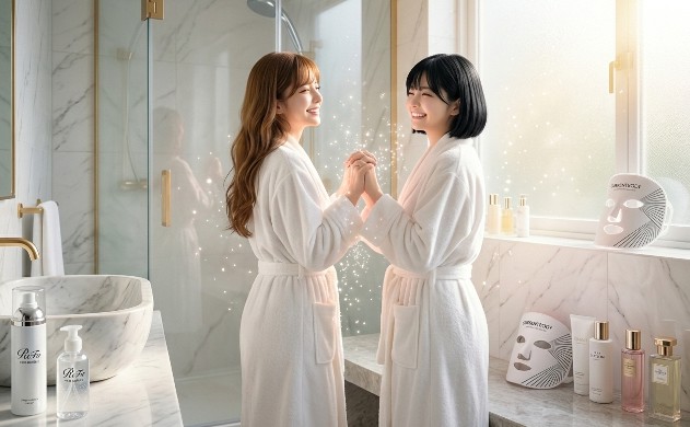 第5章の結論を象徴する、強烈で神秘的、そして完全に統一された黄金白色の朝の光に満ちたドラマチックな写真。アイキャッチや各セクションと同じ高級バスルームで、バスローブ姿のあいにゃん💛と美羽💛が二人で窓に向かって立ち、顔全体に完全な平和、自信、そして溢れ出る自己肯定感(セルフラブ)を満面の笑顔で輝かせている。彼女たちの肌はFlawless(完璧)で光り輝き、手をつなぎ合って、心からの満足感を浮かべている。洗面台にはReFaのボトルが整然と並び、LEDマスク(電源オフ)も見え、バスルーム全体が完全な「整い」と「最適化」を象徴している。彼女たちの手や体から、自己肯定感が120%加速していることを視覚化する、 subtle(微細)で shimmering(キラキラ輝く)光の粒子(データポイントが純粋な光に変わったような効果)が上方へ舞い上がっている。誠の声が愛の究極の設計者として感じられる。高画質高精細8Kの写真。