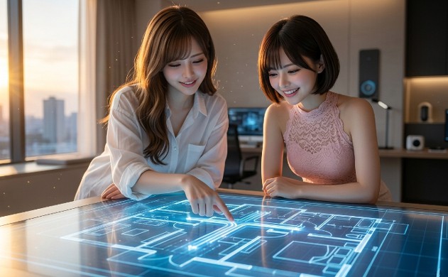 夕暮れ時のホームオフィスで、ホログラムで投影された家の青図面（設計図）を真剣に見つめるあいにゃんと美羽。あいにゃんが光の経路を指差しながら解説し、二人が美容を「努力」ではなく「設計」として捉え、ワクワクしているドラマチックなシーン。