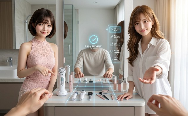 洗練されたドレッサーとスマートミラーの前で、読者を案内する二人。あいにゃんが鏡の中に表示された美容メニュー（インデックス）を指し、美羽が隣で美容デバイスを紹介している。dToFの青いガイドラインが、最短距離で美しくなるための道筋を視覚的に示している。