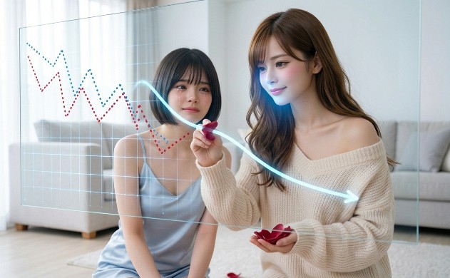 ガラスボードに浮かぶガタガタのデータ（点）を、バラの花びらを使って滑らかで美しい右肩下がりの線（移動平均・トレンド）へと書き換えるあいみと、それを見て感動する美羽。