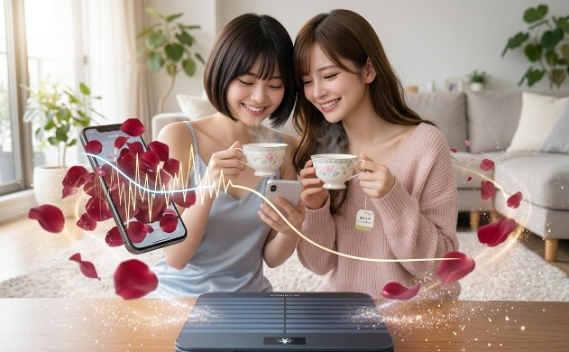 朝のリビングで誠くん特製のハーブティーを楽しみながら談笑する、幸せな表情のあいみと美羽。足元のWithings体組成計から自動でデータがスマホに飛ぶ、メンタルコストをゼロにする自動化設計。