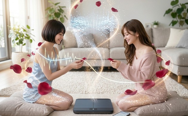 Withings体組成計を挟んで、これまでで一番大きなバラのホログラムと幻想的な光の中で、共に美しくなることを誓い合う女神たち（あいみと美羽）。愛と科学が完全に融合した第1章のクライマックス。