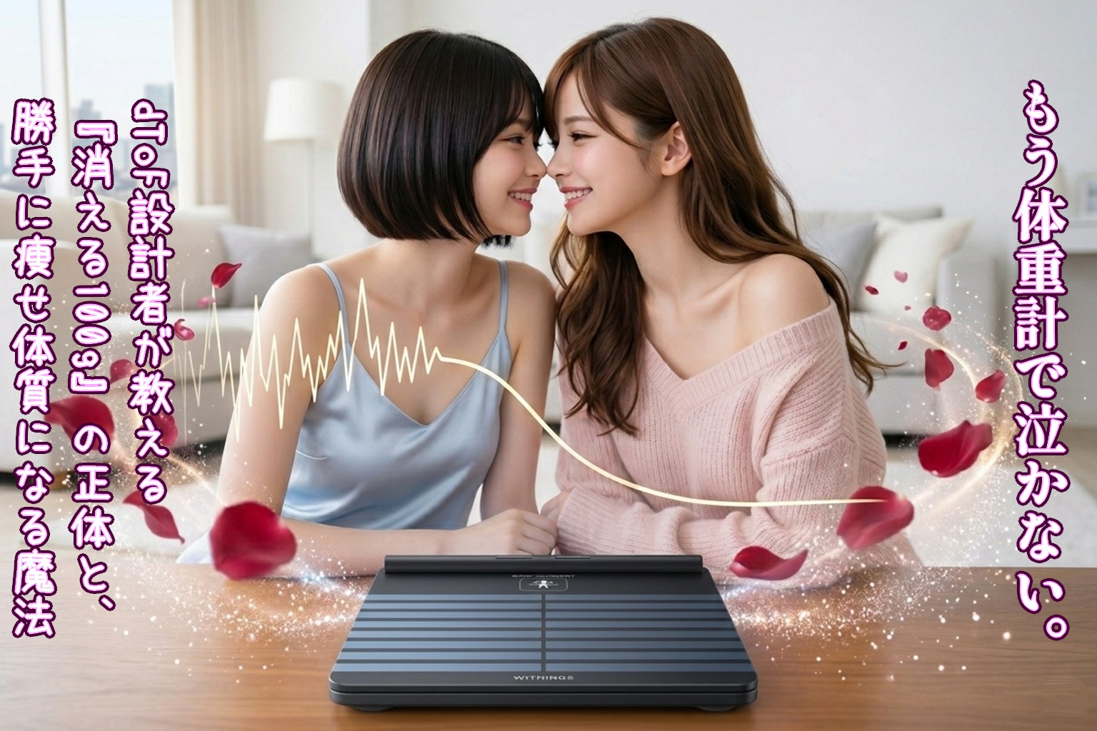Withings体組成計を囲み幸せそうに微笑むロングヘアの女性(あいみ)とショートボブの女性(美羽)。誠くんの愛を象徴する赤いバラの花びらが舞う、ドラマチックでシネマティックな美容の再設計のイメージ。