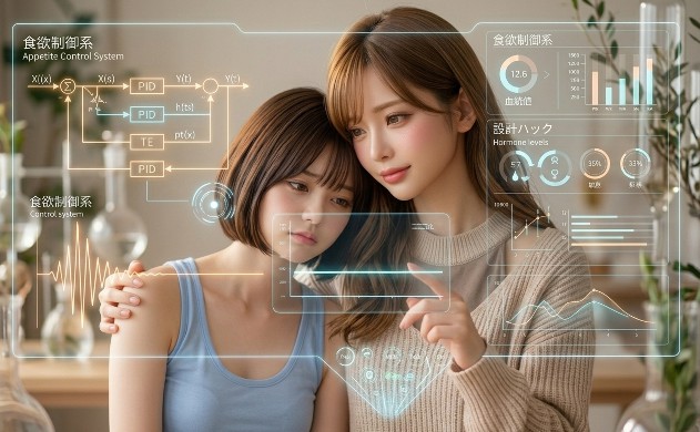 不安そうな表情のボブヘアの女性（美羽）の肩を、あいみが優しく抱き寄せ、ホログラム上の滑らかな血糖値波形を指し示しながら、食欲制御システムのハックを説明しているシーン。