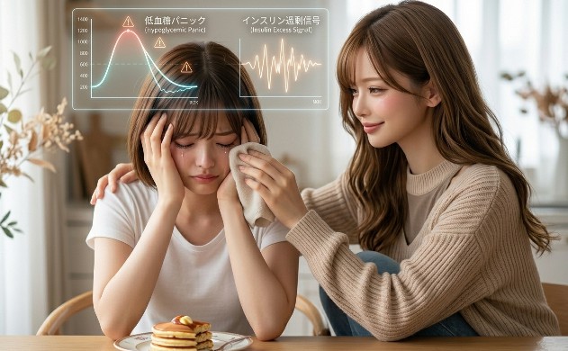 キッチンテーブルで泣き崩れる美羽に、あいみが優しく寄り添い、涙を拭きながら「君のせいじゃない」と微笑みかけている。空中には低血糖パニックを示す警告グラフが浮かんでいる。