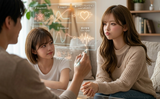 リビングのソファで少し拗ねるあいみに対し、誠がホログラムペンを使って空中に「P・I・D」の文字と愛の信号（ハートマークの波形）を描き、笑顔で仕組みを解説している親密な光景。