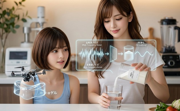 あいみがグラスに白い粉末（デキストリン）を注ぐ動作に合わせて、複雑なノイズ波形が滑らかな曲線へと変換されるホログラム。美羽が隣でその物理的なフィルタ効果を興味深く見守っている。