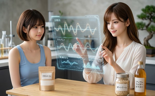 モダンなキッチンで、あいみと美羽が並んで立ち、完全に安定した血糖値とホルモンのホログラム波形を確認している。手前にはリンゴ酢やオートミールが象徴的に配置された、知的な癒しの空間。