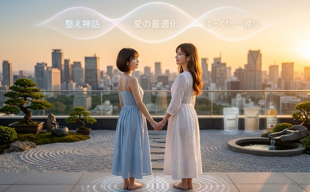 夕暮れ時のルーフトップ庭園で、あいみと美羽が手を取り合い、都会の夜景を眺めている。彼女たちの上空には「ゆっくり、一緒に」という文字と共に、究極に整った美しい光の波形が祝福のように浮かんでいる。