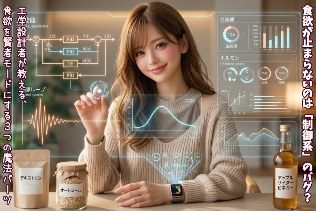 ホログラムのPID制御ループと血糖値グラフを操作する、長い茶髪の女性エンジニア（あいみ）の微笑み。手前にはオートミール、難消化性デキストリン、リンゴ酢の容器が美しく配置されている。