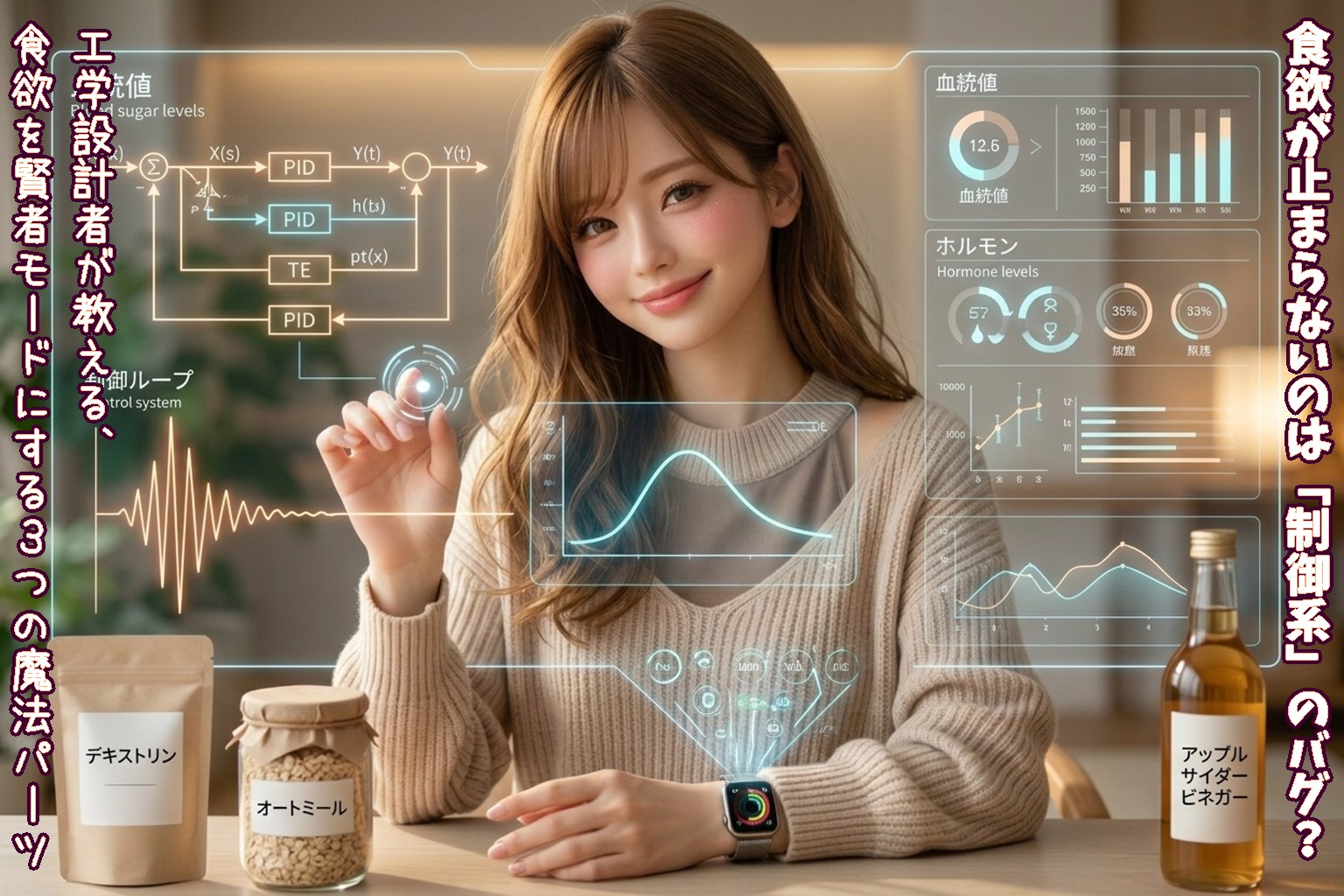 ホログラムのPID制御ループと血糖値グラフを操作する、長い茶髪の女性エンジニア（あいみ）の微笑み。手前にはオートミール、難消化性デキストリン、リンゴ酢の容器が美しく配置されている。