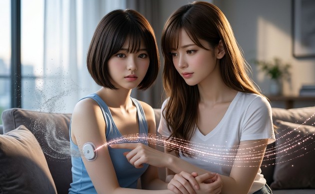 夕暮れのリビングで、ショートボブの美羽の隣に座り、彼女の手を優しく握るロングヘアのあいみ。あいみの指が美羽の二の腕の「フリースタイルリブレ」に触れた瞬間、まばらなデータの霧が美しいピンクゴールドの光のサンプリングドットへと変わり、滑らかな曲線へと整い始める。