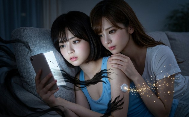 照明が少し落とされた夜のリビング。ソファに横たわり、不安げにスマホの「まばらなサンプリンググラフ」を見つめる美羽。データの隙間を狙って老化の黒い影が忍び寄るが、あいみの優しい抱擁と「フリースタイルリブレ」のリアルタイムサンプリングの光が、その影を弾き返している。