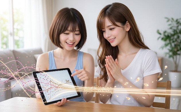 朝の光が差し込むリビング。テーブルの上でiPadの「バラツキが収束した美しい3σグラフ」を指差して、パァッ✨と満面の笑みを浮かべる美羽。隣でロングヘアのあいみが、慈しむような表情で優しく拍手を送っている。