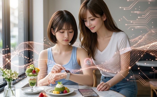 洗練されたカフェの窓際。テーブルの上にヘルシーなスイーツ。ショートボブの美羽が左腕の「Apple Watch S11」を見ながら、自分の波形を真剣にチェックしている。彼女の背後から（佐藤誠の後ろ姿が）、彼女のスマートな行動選択を女神のように誇らしげに見守っている♥