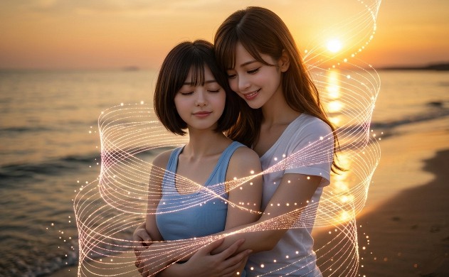 美しい夕暮れの海岸線。ロングヘアのあいみが、ショートボブの美羽の体を後ろから優しくバックハグしている。美羽は感謝の表情で目を閉じ、二人の周りを「愛と生命の螺旋（サイン波）」が永遠のハーモニーを描きながら空高く昇っていく。