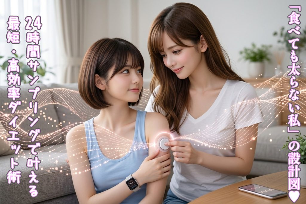 Apple Watch S11とCGMセンサー「フリースタイルリブレ」を腕に装着し、滑らかなピンクゴールドの血糖値波形（サイン波）に包まれた、オシャレなカフェで満足そうに微笑む美羽。彼女の周りには、24時間の高密度サンプリングデータがキラキラと舞っている。