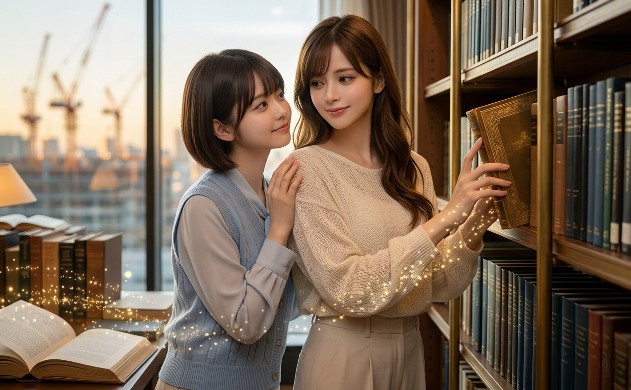 洗練されたライブラリーで、美羽があいみの腕に手を添え、筋肉というバックグラウンドプロセッサの効率性を共に実感しているドラマチックな1枚。