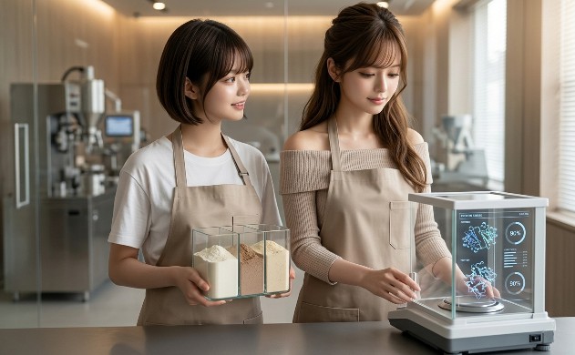 ラボラトリーのような空間で、あいみが精密な秤でプロテインの純度を計測し、美羽が厳選された資材を大切に抱えている専門的で信頼感のあるシーン。