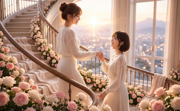 朝日とバラに彩られた螺旋階段を、あいみが美羽の手を引いて一歩ずつ登り、高効率な美しさの未来へと向かっている希望に満ちたラストシーン。