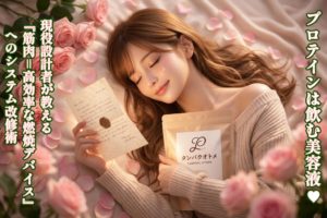 バラのベッドの上で、誠からの手紙とプロテイン「タンパクオトメ」を大切そうに抱きしめ、幸せに満ちた表情で横たわるあいみの写真。