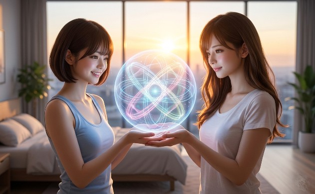 朝日の差し込む洗練された寝室で、朝日を浴びながら立つあいみ💛と美羽💛。二人が協力して大切に包み込んでいる、4つの光のラインが複雑に絡み合い、回路として完結している光り輝く球体（人体最適化OS）の、高精細な写真風のリアル画像。あいみ💛は慈愛に満ちた表情で球体に光を注ぎ、美羽💛は希望に満ちた瞳で見つめている。
